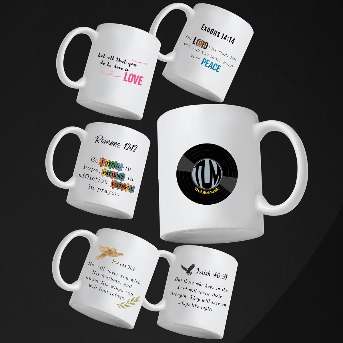 Six white ceramic mugs with Christian Bible verses and designs, arranged artistically against a dark background. Each mug features a unique scripture or logo design in various fonts and colors.